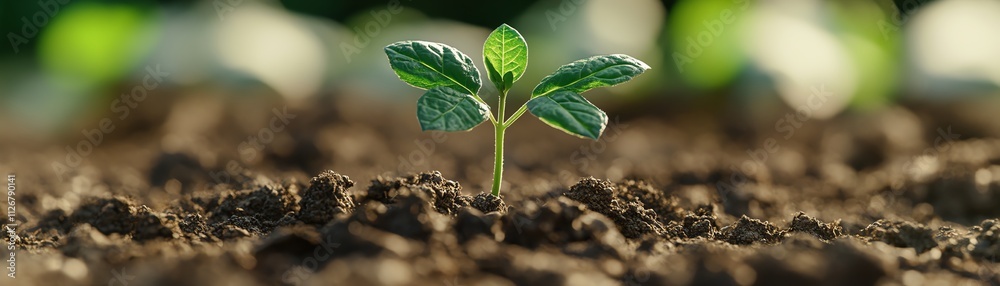 A small, vibrant green seedling with visible roots emerging from fertile soil, representing sustainability and new beginnings, set against a blurred outdoor backdrop A small, vibrant green seedling with visible roots emerging from fertile soil, representing sustainability and new beginnings, set against a blurred outdoor backdrop