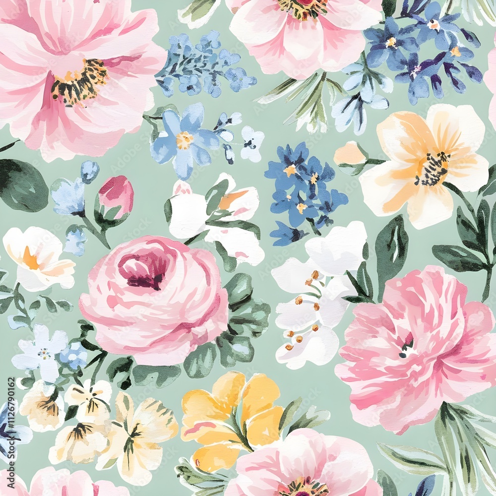 Fototapeta Watercolor brush style illustration of a ditsy floral print pastel color