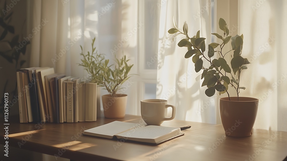 A home office with a peaceful vibe, featuring a clutter-free desk, a potted plant, a warm drink, and a journal for mindfulness practices 