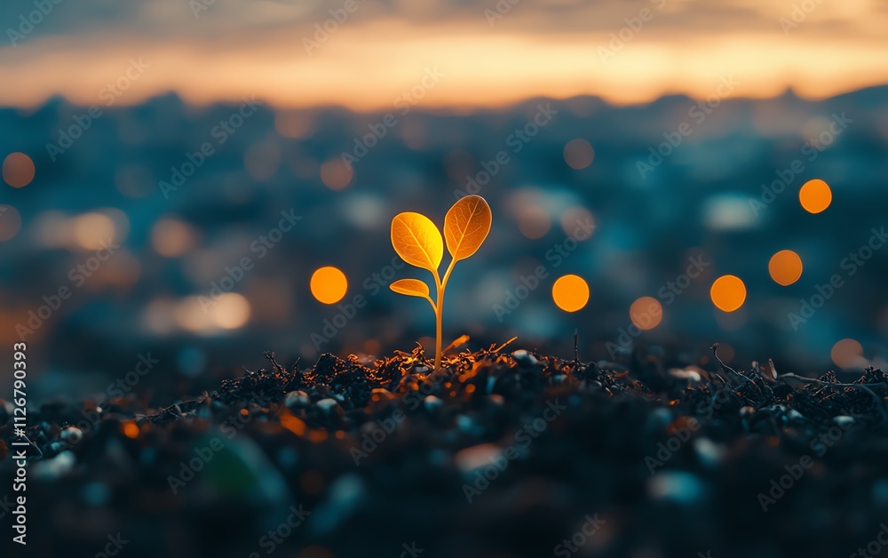 A tender heartshaped sprout growing from soil, representing growth and environmental love, surrounded by a softfocused natural scene with bokeh lights in the distance