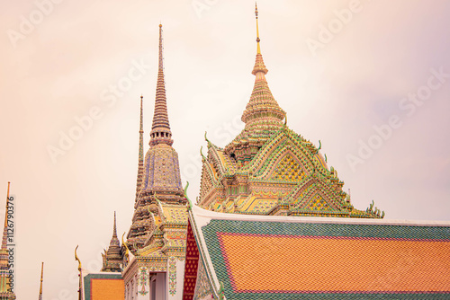 Picture of pagodas in Wat Pho in Bangkok, Thailand, one of Thailand's oldest temples.