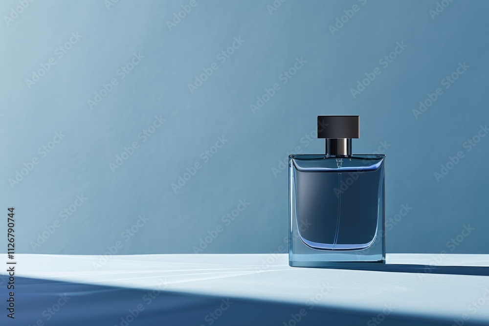 Minimalist blue background for product photography with just one object of men's perfume and studio lighting creating a long shadow. Minimalist blue background for product photography with just one object of men's perfume and studio lighting creating a long shadow.