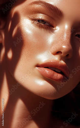 Close-up of freckled woman’s glowing lips and cheek in sunlight