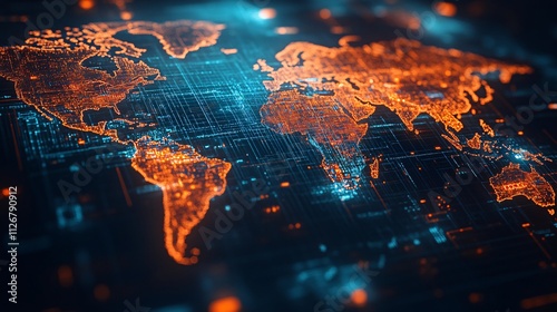 Global Connectivity: Modern World Map with Interconnected Cities Illuminated in Blue and Orange
