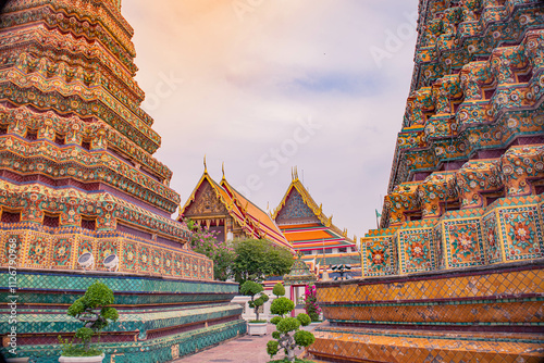 Picture of pagodas in Wat Pho in Bangkok, Thailand, one of Thailand's oldest temples.