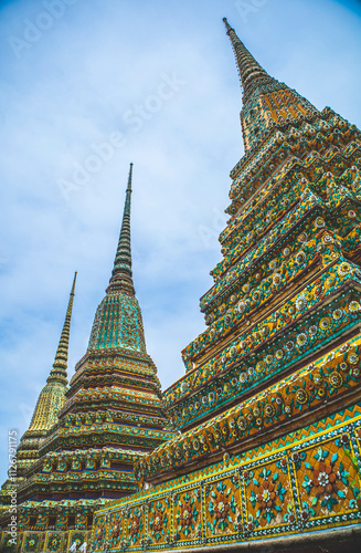 Picture of pagodas in Wat Pho in Bangkok, Thailand, one of Thailand's oldest temples.