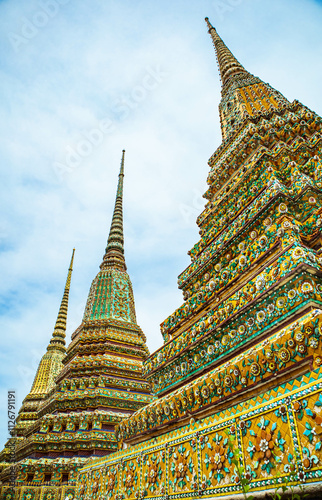 Picture of pagodas in Wat Pho in Bangkok, Thailand, one of Thailand's oldest temples.