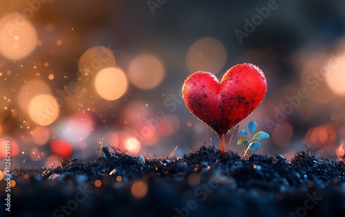 A vibrant heartshaped sprout breaking through nutrientrich soil, representing new beginnings and love for nature, with a tranquil blurred green landscape in the background photo