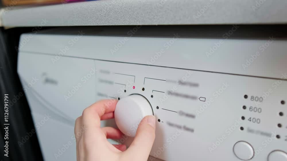 Woman in orange apron turns on washing machine, modern washing machines with smart features and functions. Woman in orange apron turns on washing machine, modern washing machines with smart features and functions.