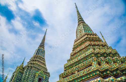 Picture of pagodas in Wat Pho in Bangkok, Thailand, one of Thailand's oldest temples.