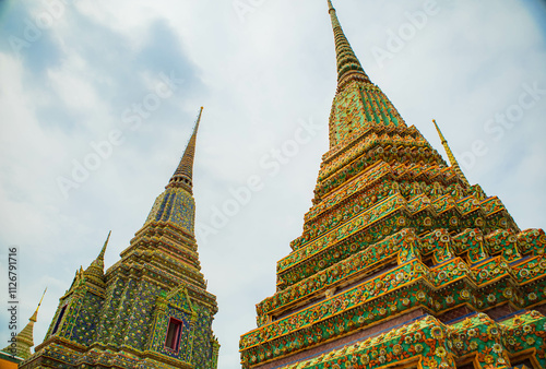 Picture of pagodas in Wat Pho in Bangkok, Thailand, one of Thailand's oldest temples.