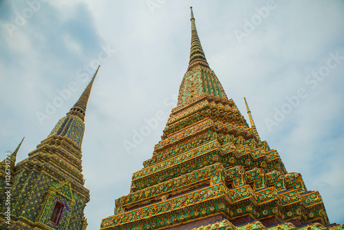 Picture of pagodas in Wat Pho in Bangkok, Thailand, one of Thailand's oldest temples.