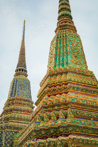 Picture of pagodas in Wat Pho in Bangkok, Thailand, one of Thailand's oldest temples.