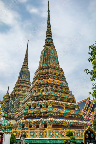 Picture of pagodas in Wat Pho in Bangkok, Thailand, one of Thailand's oldest temples.