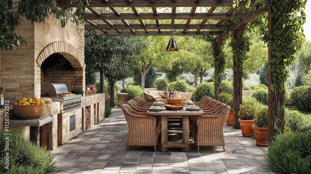 Fototapeta premium Mediterranean terrace with outdoor kitchen, stone oven, wooden dining table, olive trees, citrus plants, and pergola with grapevines for lively outdoor gatherings.