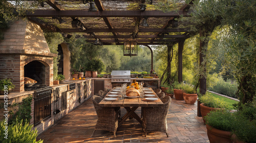 Mediterranean terrace with outdoor kitchen, stone oven, wooden dining table, olive trees, citrus plants, and pergola with grapevines for lively outdoor gatherings.