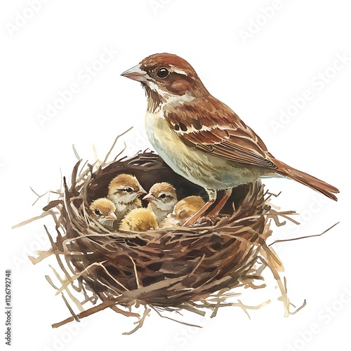 Watercolor painting of a female sparrow perched on her nest of baby birds.