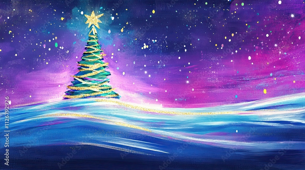 Winter forest with glowing christmas tree. The art composition with night forest. Digital art in watercolor style. Illustration for cover, card, postcard, interior design, brochure or presentation. Winter forest with glowing christmas tree. The art composition with night forest. Digital art in watercolor style. Illustration for cover, card, postcard, interior design, brochure or presentation.