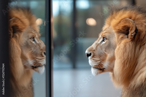 A magnificent lion gazes intently at its own reflection in a glass panel, showcasing the power and beauty of this iconic wild animal in a serene environment. photo