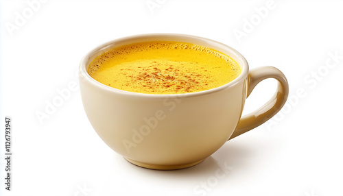 Warm turmeric golden milk latte served in ceramic cup with frothy top and cozy comforting vibes photo