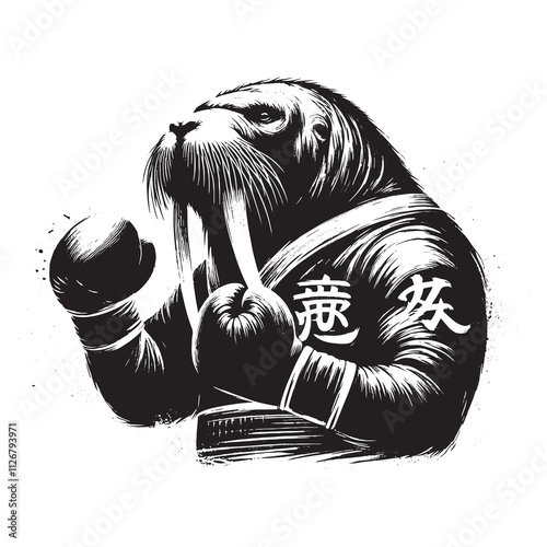 Walrus doing boxing wear sport outfit, in brush stroke with kanji calligraphy, -