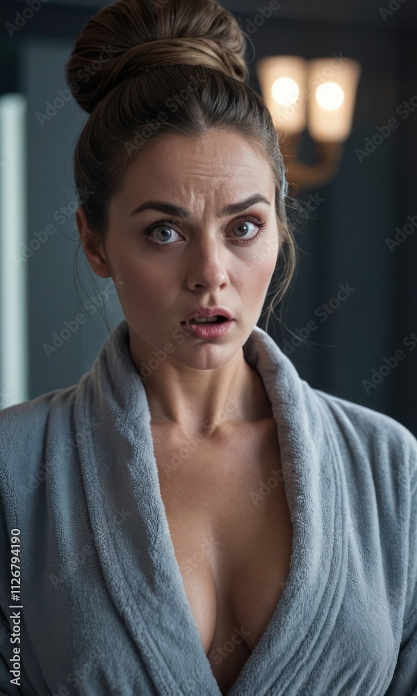 Woman in bathrobe in the bathroom looks at camera with surprised expression on her face Woman in bathrobe in the bathroom looks at camera with surprised expression on her face