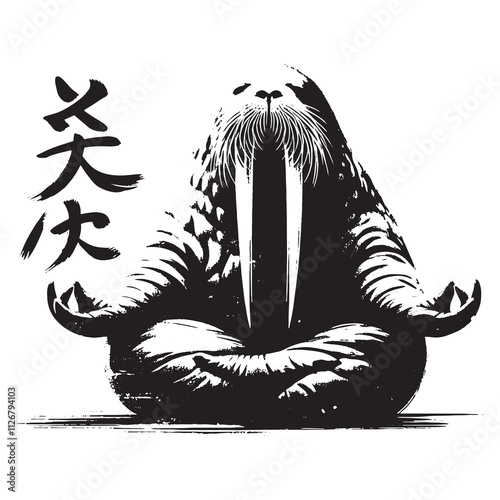 Walrus doing meditation, yoga, in brush stroke with kanji calligraphy, -