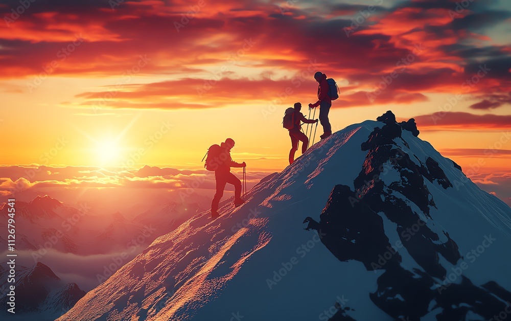 Two individuals working together to reach a mountain summit, with one man supporting his friend, symbolizing teamwork and perseverance in a generative AI scene