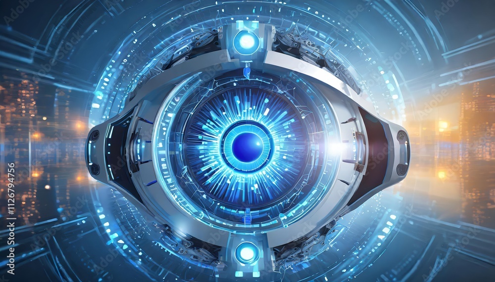 Futuristic Robot Eye Technology Featuring a Striking Blue Digital Iris A Glimpse into the Future of Robotics and AI Visual Perception Futuristic Robot Eye Technology Featuring a Striking Blue Digital Iris A Glimpse into the Future of Robotics and AI Visual Perception