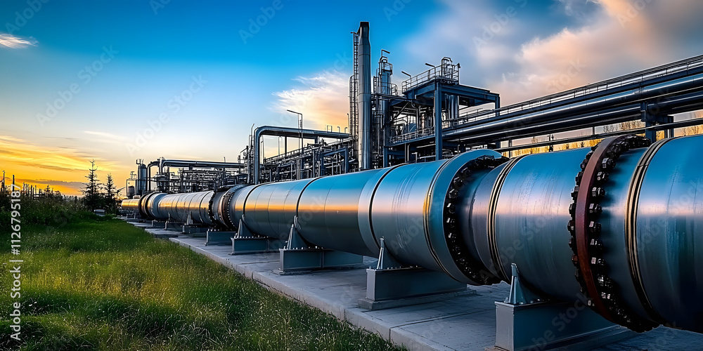 Naklejka premium Large oil pipeline and gas pipeline in the process of oil refining and the movement of oil and gas Generative AI