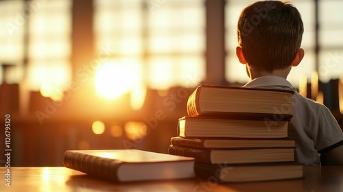 inequality wealth social concept, A child sits with books, gazing at a sunset, symbolizing curiosity, learning, and the beauty of new beginnings.