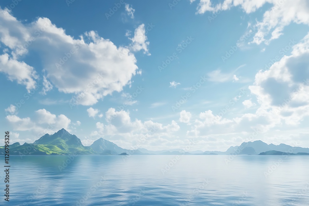 Serene landscape featuring mountains and calm waters under a bright, cloudy sky. Serene landscape featuring mountains and calm waters under a bright, cloudy sky.