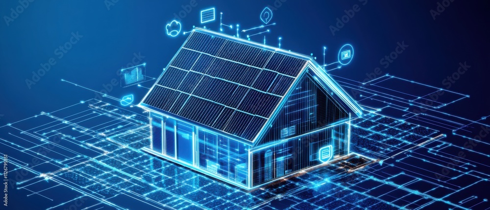 Smart Home Technology: Futuristic House with Solar Panels and Digital Network Smart Home Technology: Futuristic House with Solar Panels and Digital Network