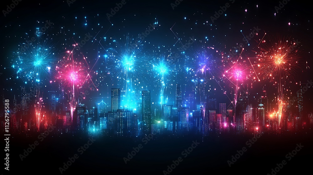 Vibrant Fireworks Display Over City Skyline At Night Vibrant Fireworks Display Over City Skyline At Night