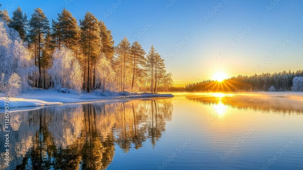 A calm forest lake in Finland glowing at sunrise, misty reflections, frosted trees, and clear blue sky. - A calm forest lake in Finland glowing at sunrise, misty reflections, frosted trees, and clear blue sky. -