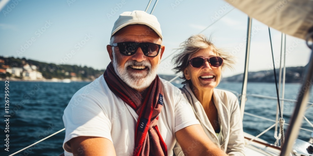 Relaxed of senior couple sailing luxury yacht. Generative AI. Relaxed of senior couple sailing luxury yacht. Generative AI.