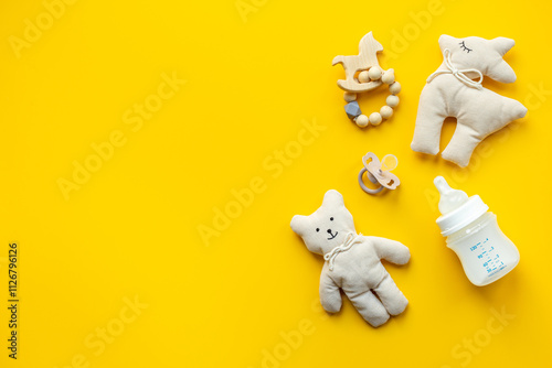 Eco friendly baby accessories with linen and wooden toys. Zero waste lifestyle photo