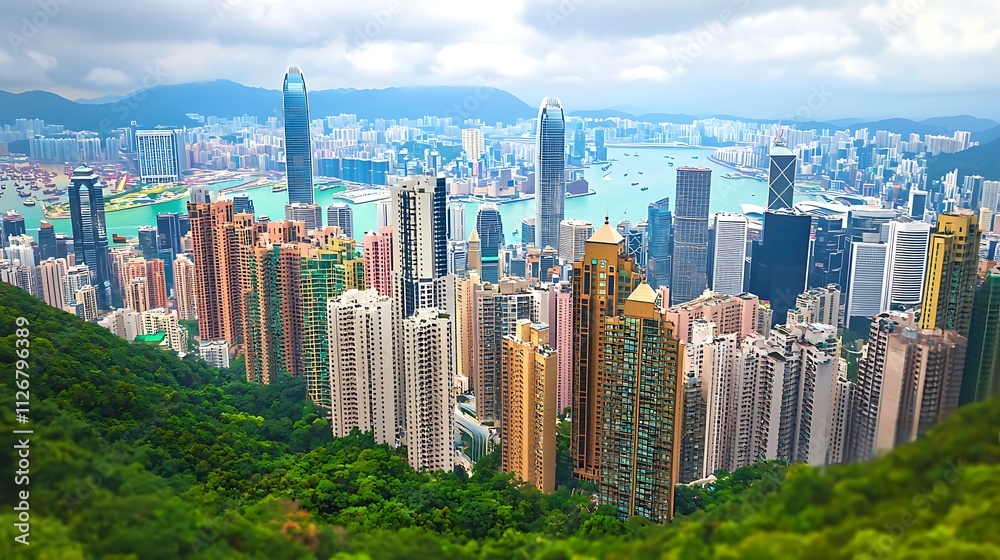 Panoramic view of Hong Kong's skyscrapers and harbor from a mountaintop. Panoramic view of Hong Kong's skyscrapers and harbor from a mountaintop.