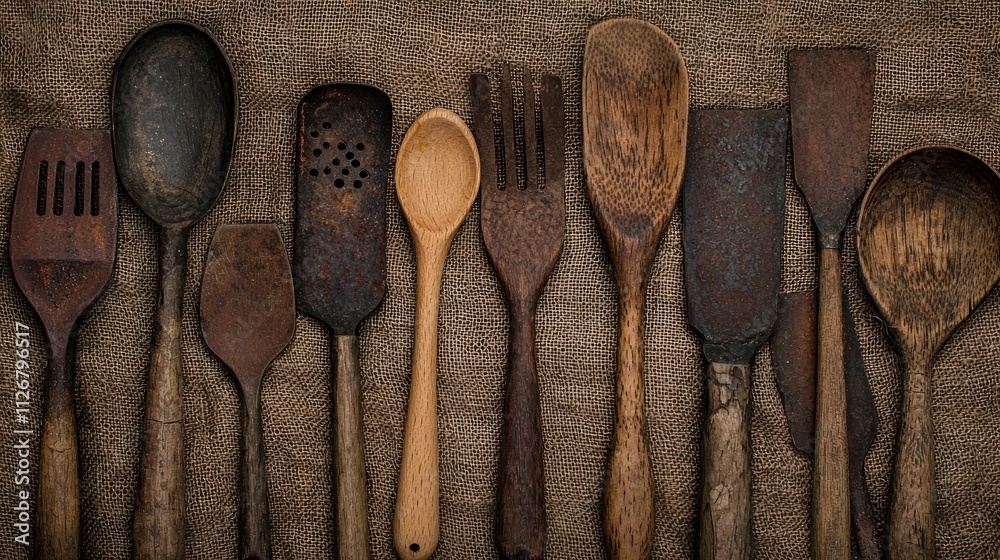 The handmade woodwork. Collection of vintage wooden kitchen utensils on textured background.