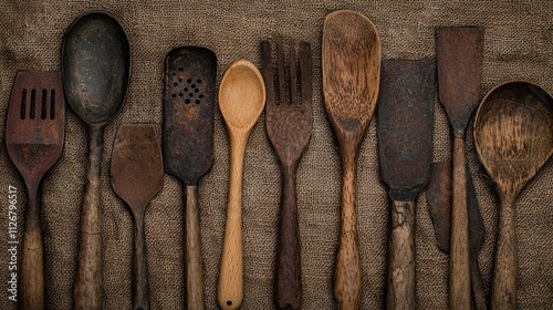 Obraz na płótnie The handmade woodwork. Collection of vintage wooden kitchen utensils on textured background. w salonie