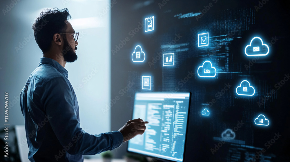 A minimalistic man standing next to a computer, with small cloud icons representing IT support in a sleek, modern interface. A minimalistic man standing next to a computer, with small cloud icons representing IT support in a sleek, modern interface.