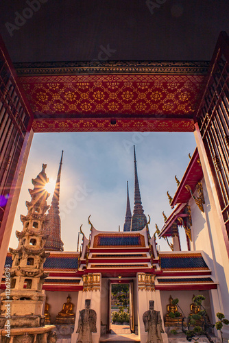 Picture of pagodas in Wat Pho in Bangkok, Thailand, one of Thailand's oldest temples.