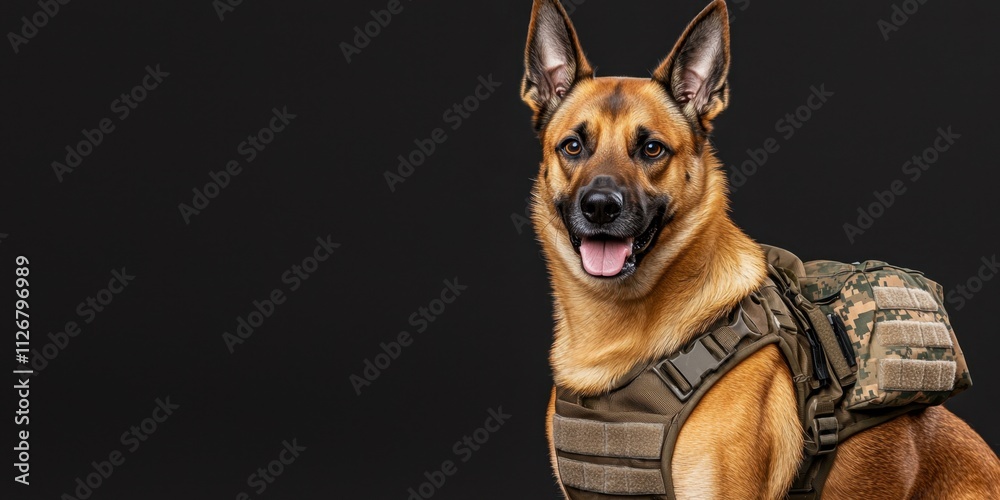 Fancy dress for fashionable pet dog concept. Military dog in tactical gear against a dark background Fancy dress for fashionable pet dog concept. Military dog in tactical gear against a dark background