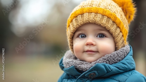 Adorable baby boy at the park wearing winter clothes