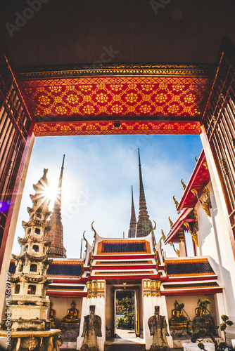Picture of pagodas in Wat Pho in Bangkok, Thailand, one of Thailand's oldest temples.
