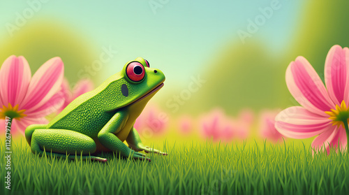 A frog resting in the grass near pink flowers. Symbolizing spring and the beauty of nature. Celebrating wildlife and seasonal themes. Honoring World Frog Day, National Frog Legs Day, and Leap Day. photo