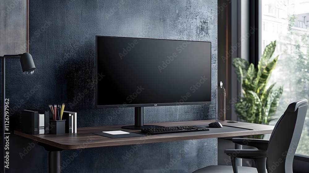 Fototapeta premium Modern Dark Workspace Featuring Computer Monitor And Accessories