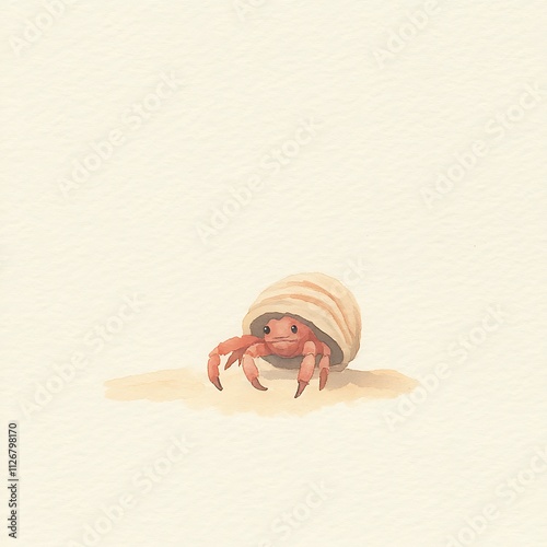 Adorable Watercolor Painting of a Hermit Crab in its Shell on a Sandy Beach. photo