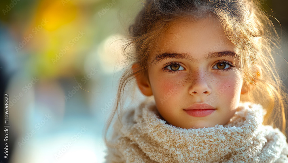 Young girl with scarf outdoors during autumn. A young girl is standing outside wearing a warm scarf, enjoying the beautiful autumn weather and soft sunlight. Young girl with scarf outdoors during autumn. A young girl is standing outside wearing a warm scarf, enjoying the beautiful autumn weather and soft sunlight.