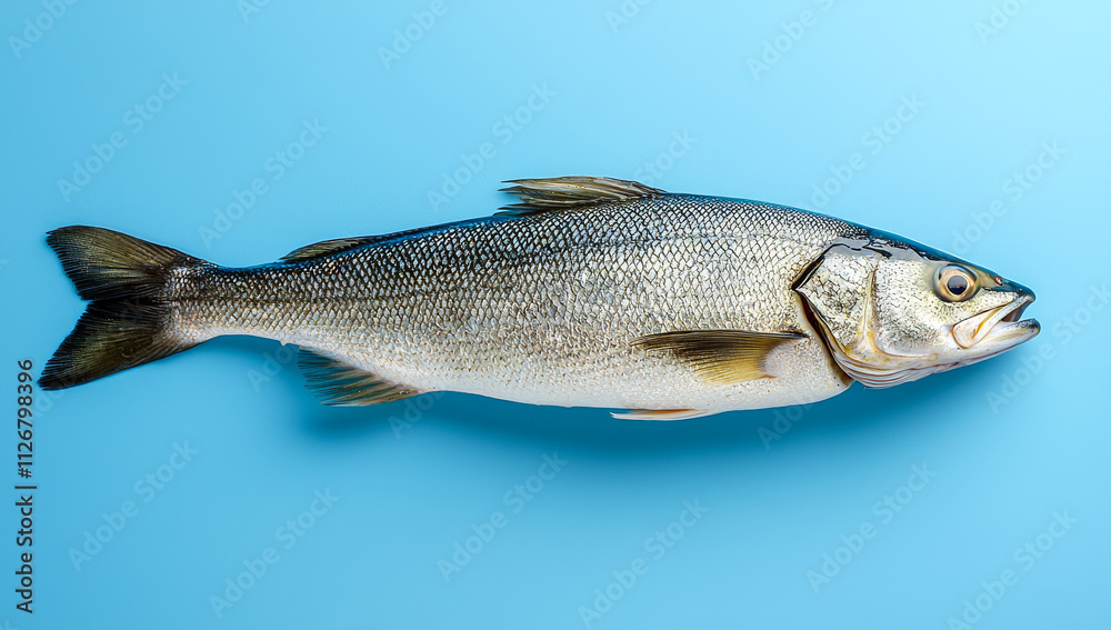 Fototapeta premium Fresh fish on light blue background. A whole fish rests on a light blue surface, showcasing its shiny scales and vibrant features perfectly.